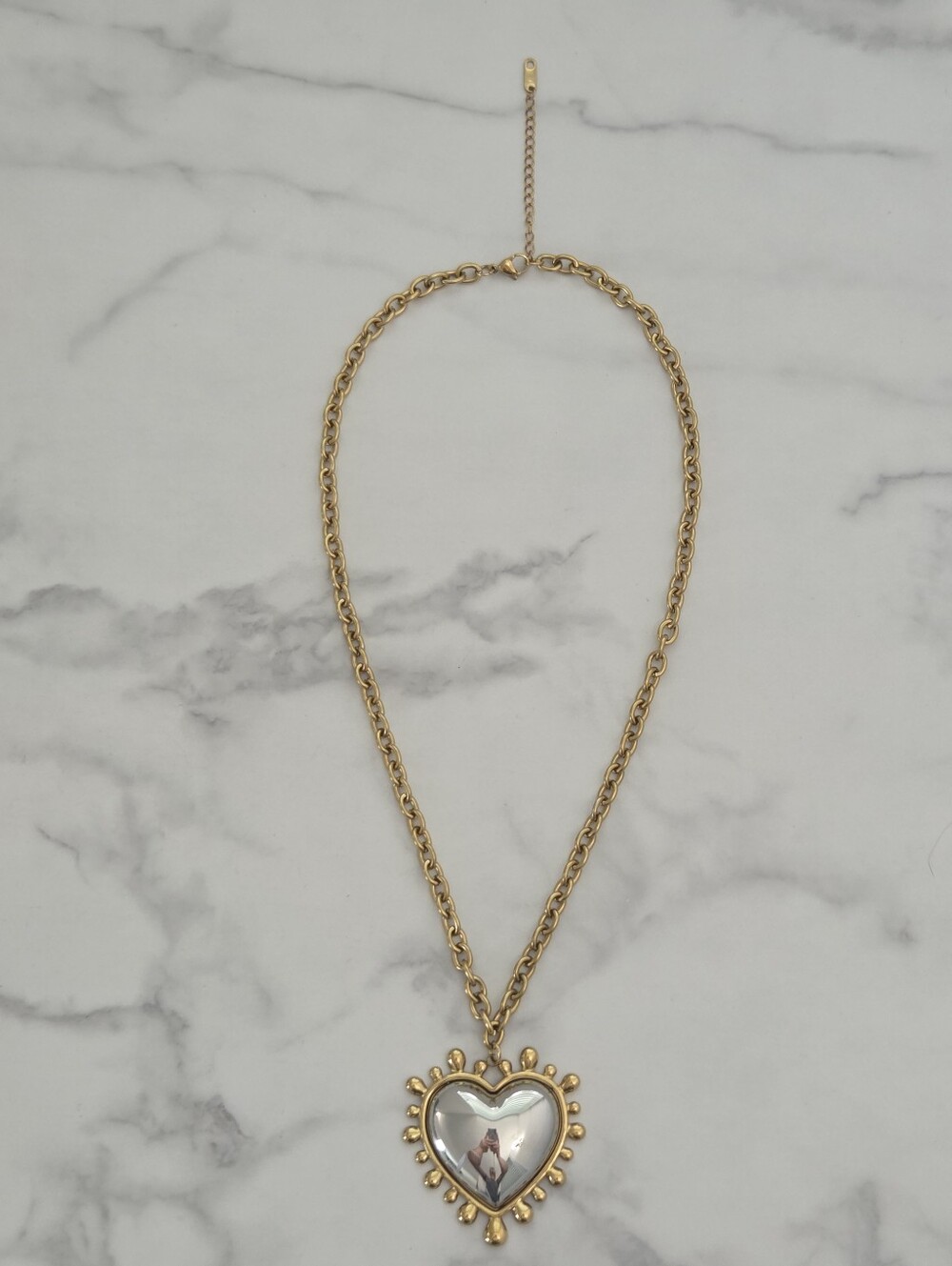 Two Tone Puffy Heart Pendant Statement Necklace - Picture 4 of 16